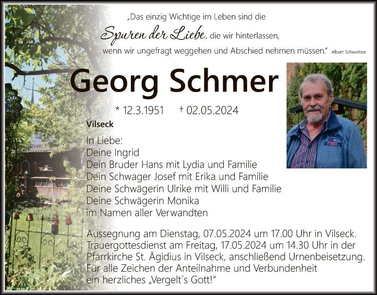 Der Schützengau Sulzbach-Rosenberg trauert um sein Ehrenmitglied Georg Schmer